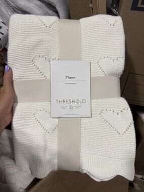 NEW Threshold Throw Blanket Sweater Ivory W/ Hearts 50”x60” Valentine's Day